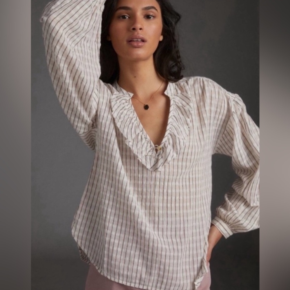 Pilcro Anthropologie Brianna Ruffle Boho Stripe Peasant Sleeve Blouse